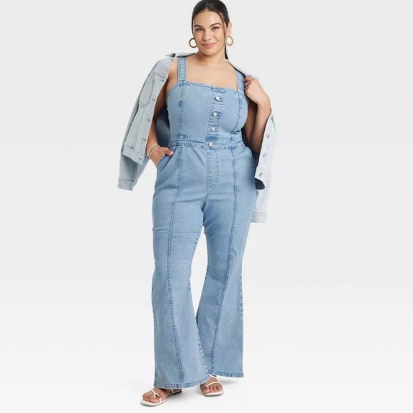 Ava & Viv Women's Denim Flare Jumpsuits Sleeveless Overalls - Picture 3 of 14